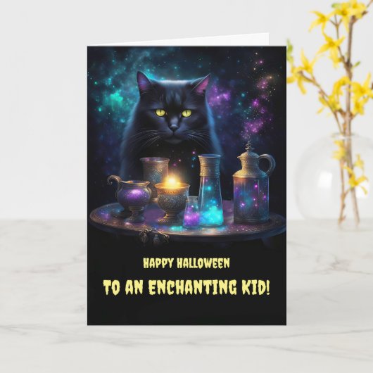 Halloween voor kinderen Schattige Black Cat Magic Kaart (Gele Bloem)