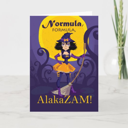 Halloween voor man, Schattigee heks met spreuk Kaart (Voorkant)