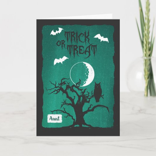 Halloween voor Tante, Uil Crooked Tree Moon & Bats Kaart (Voorkant)