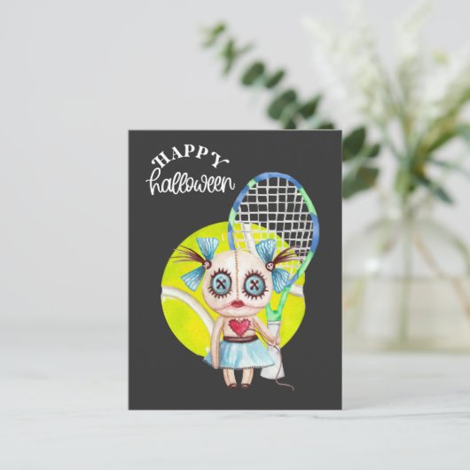 Halloween voor tennisser met racket feestdagenkaart (Staand voorkant)