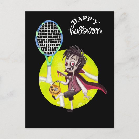 Halloween voor tennisspeler met racket en bal feestdagenkaart (Voorkant)