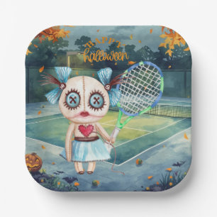 Halloween voor tennisspeler met racket papieren bordje