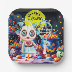 Halloween voor tennisspeler met racket papieren bordje