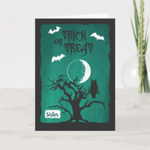 Halloween voor Zus, Uil Kromme Boom Maan & Vleermu Kaart