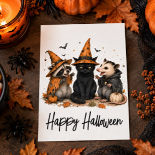 Halloween vrienden Kat Opossum en Wasbeer Briefkaart