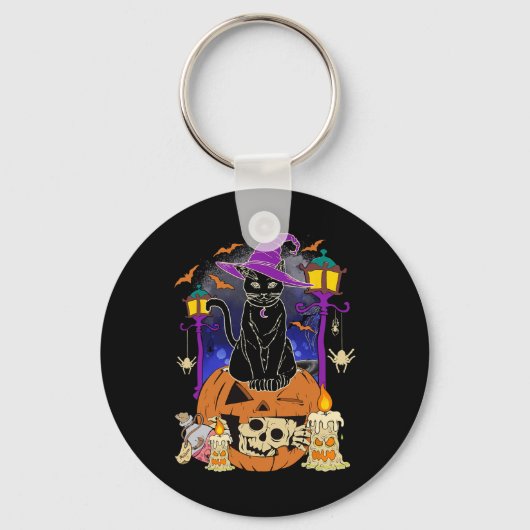 Halloween Vrouwen Mannen Kinder Halloween Black Ca Sleutelhanger (Voorkant)