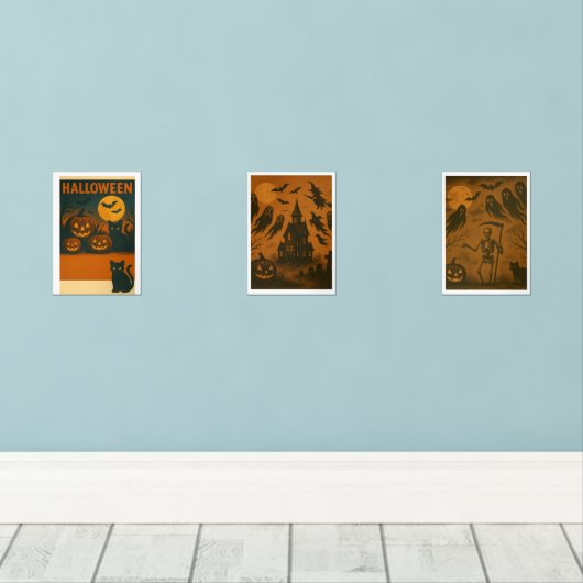  Halloween Wall Art Poster Set - Black Cat, (Houten vloer)