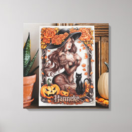 Halloween Wall Art: vrouw met zwart Pet en Sinaasa Canvas Afdruk