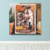 Halloween Wall Art: vrouw met zwart Pet en Sinaasa Canvas Afdruk (Insitu (Houten vloer))