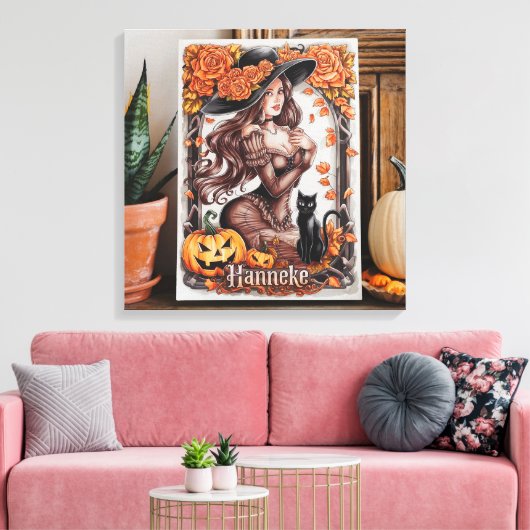 Halloween Wall Art: vrouw met zwart Pet en Sinaasa Canvas Afdruk (Insitu (Woonkamer))