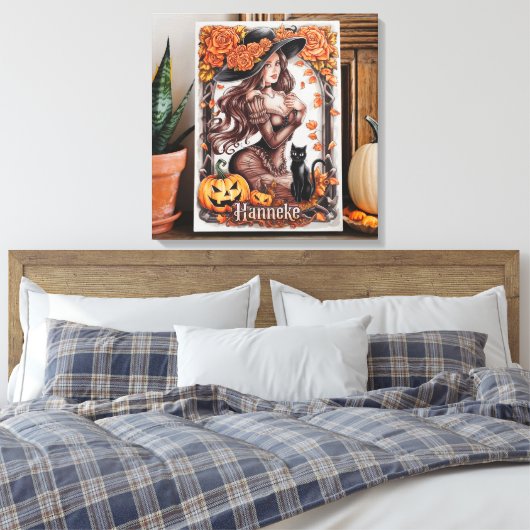 Halloween Wall Art: vrouw met zwart Pet en Sinaasa Canvas Afdruk (Insitu (Slaapkamer))