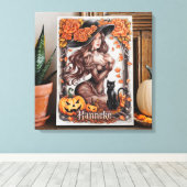 Halloween Wall Art: vrouw met zwart Pet en Sinaasa Canvas Afdruk (Insitu (Houten vloer))