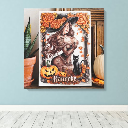 Halloween Wall Art: vrouw met zwart Pet en Sinaasa Canvas Afdruk (Insitu (Houten vloer))