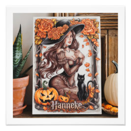 Halloween Wall Art: vrouw met zwart Pet en Sinaasa Foto Afdruk