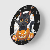 Halloween Wall Clock with cute cat Ronde Klok (Hoek)
