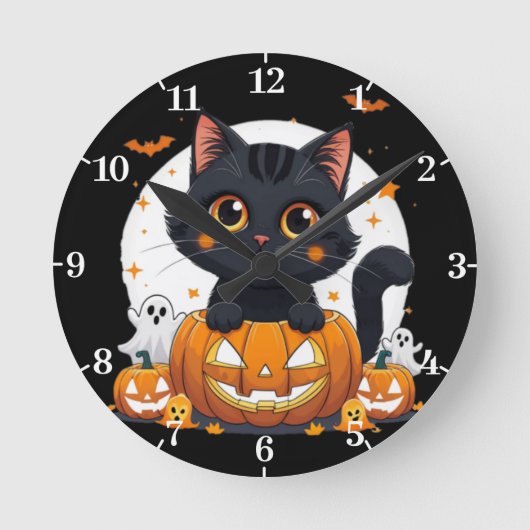 Halloween wandklok met knuffelkat (Voorkant)