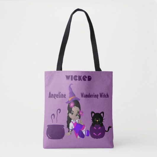 Halloween Wanging Wandering Witch Paarse Cute Fun Tote Bag (Voorkant)