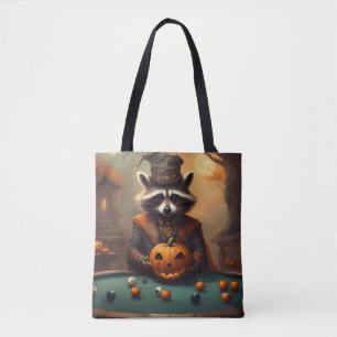 Halloween wasbeer speelt pool met appels als oogbo tote bag