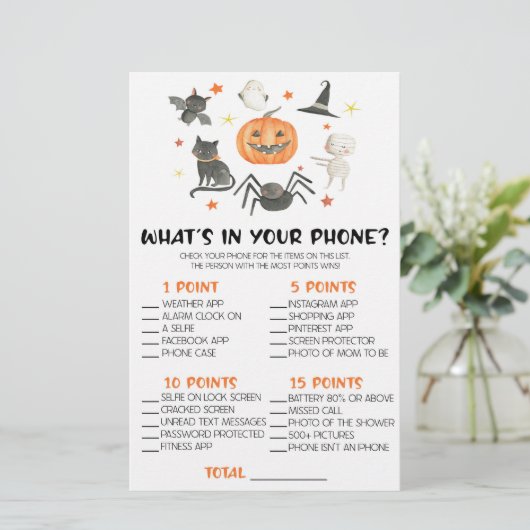 Halloween Wat zit er in je telefoon Baby shower sp Briefpapier (Staand voorkant)