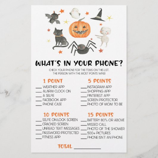 Halloween Wat zit er in je telefoon Baby shower sp Briefpapier (Voorkant)