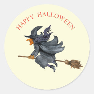 Halloween watercolour vliegende heks ronde sticker