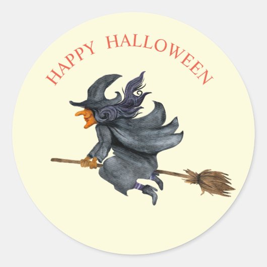 Halloween watercolour vliegende heks ronde sticker (Voorkant)