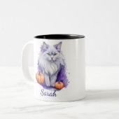 Halloween waterverf angora kat met pompoen tweekleurige koffiemok (Voorkant links)