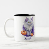 Halloween waterverf angora kat met pompoen tweekleurige koffiemok (Links)