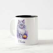 Halloween waterverf angora kat met pompoen tweekleurige koffiemok (Voorkant links)