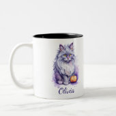 Halloween waterverf angora kat met pompoen tweekleurige koffiemok (Links)