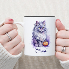 Halloween waterverf angora kat met pompoen tweekleurige koffiemok