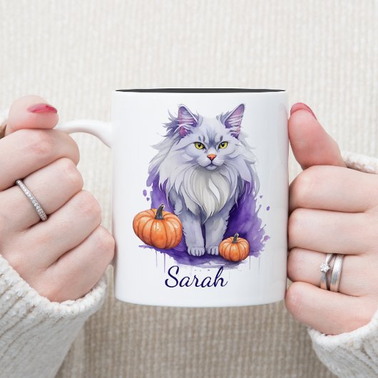 Halloween waterverf angora kat met pompoen tweekleurige koffiemok