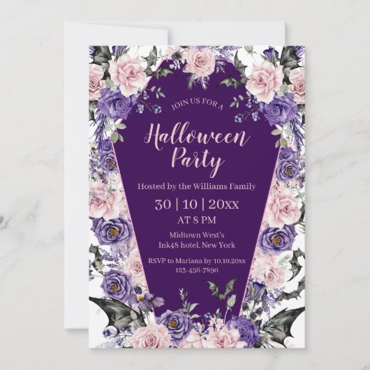Halloween waterverf Bloemen paarse Chic Party Kaart (Voorkant)
