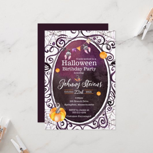 Halloween Waterverf Costume Birthday party Kaart (Voorkant / Achterkant in situ)