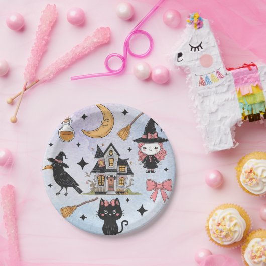 Halloween Waterverf Crow Witch Cat Moon Pattern Papieren Bordje (Feest)