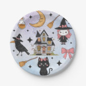 Halloween Waterverf Crow Witch Cat Moon Pattern Papieren Bordje (Voorkant)