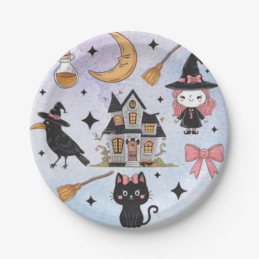 Halloween Waterverf Crow Witch Cat Moon Pattern Papieren Bordje (Voorkant)
