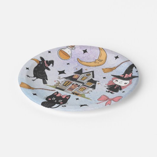 Halloween Waterverf Crow Witch Cat Moon Pattern Papieren Bordje (Gekanteld)