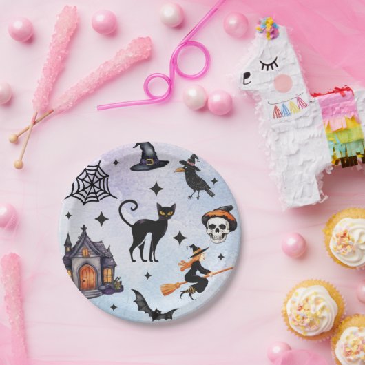 Halloween Waterverf Crow Witch Cat Skull Pattern Papieren Bordje (Feest)
