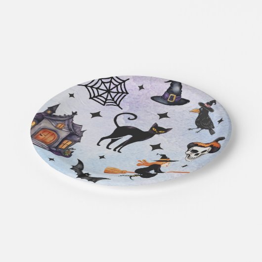 Halloween Waterverf Crow Witch Cat Skull Pattern Papieren Bordje (Gekanteld)