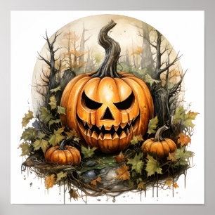 Halloween Waterverf griezelige pompoen in bos Poster