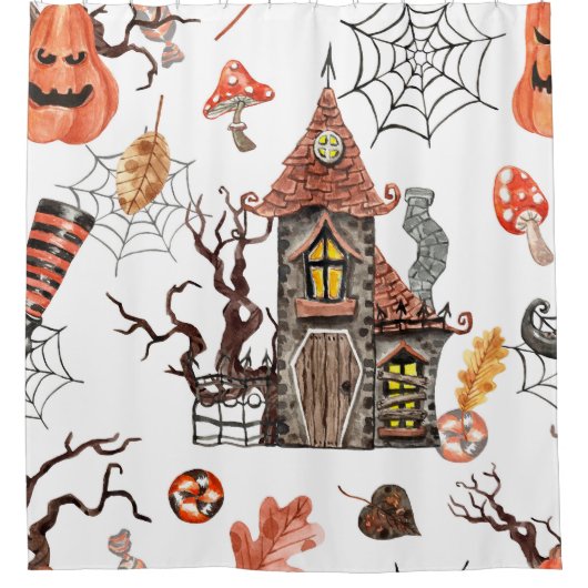 Halloween Waterverf: Haunted House Pattern. Douchegordijn (Voorkant)