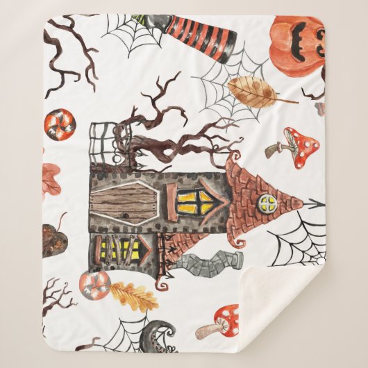 Halloween Waterverf: Haunted House Pattern. Sherpa Deken (Voorkant)
