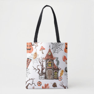 Halloween Waterverf: Haunted House Pattern. Tote Bag