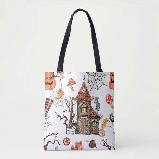 Halloween Waterverf: Haunted House Pattern. Tote Bag (Voorkant)