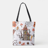 Halloween Waterverf: Haunted House Pattern. Tote Bag (Achterkant)