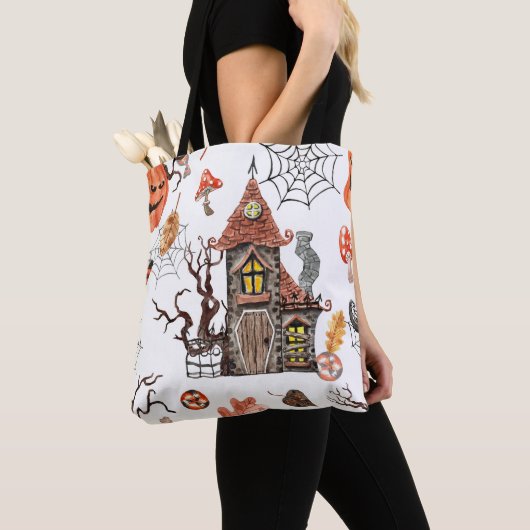 Halloween Waterverf: Haunted House Pattern. Tote Bag (Dichtbij)