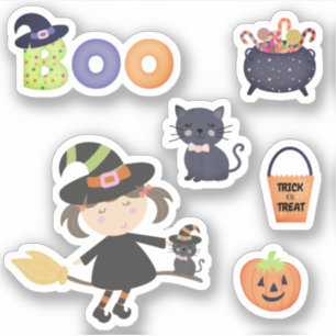 Halloween Waterverf Heks Boo Kat Pompoen Sticker
