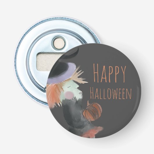 Halloween Waterverf Heksenpompoen    Button Flesopener (Voorkant)