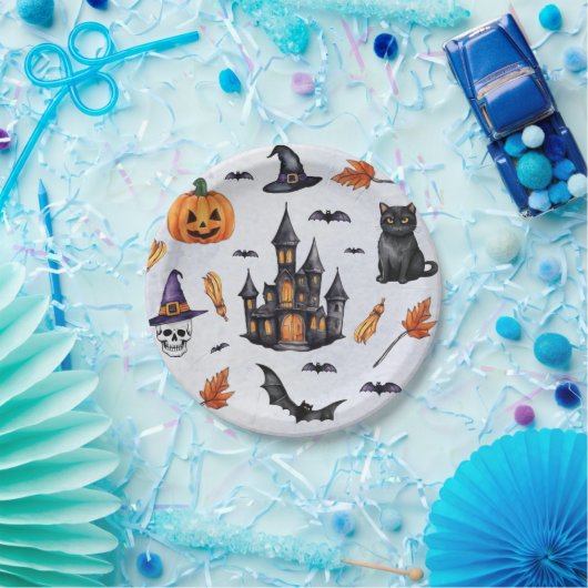 Halloween Waterverf pompoen schedel vleermuis kat Papieren Bordje (Feest)